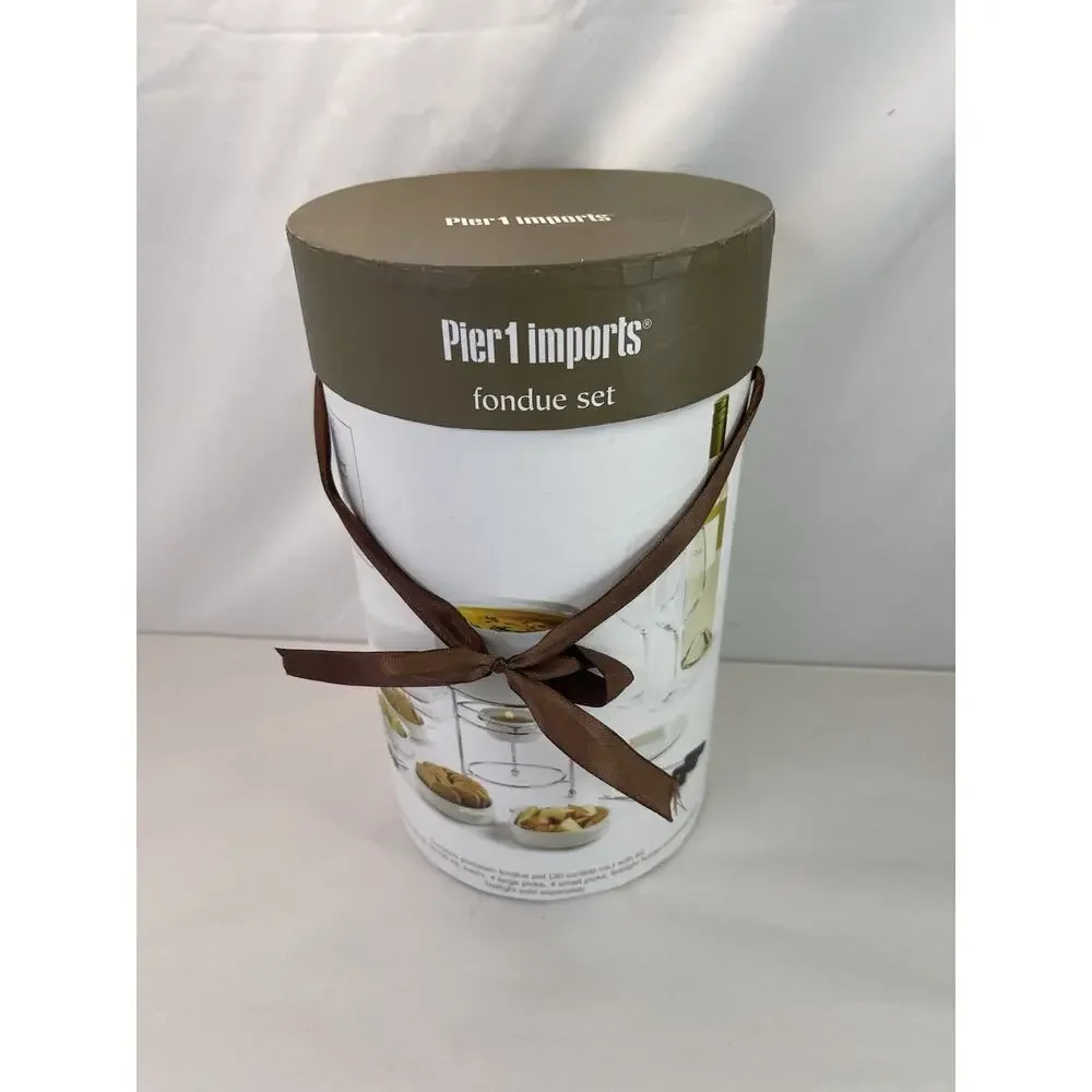 Pier 1 Imports White Porcelain Ceramic Fondue Set Chocolate Cheese Bowls Forks⁠